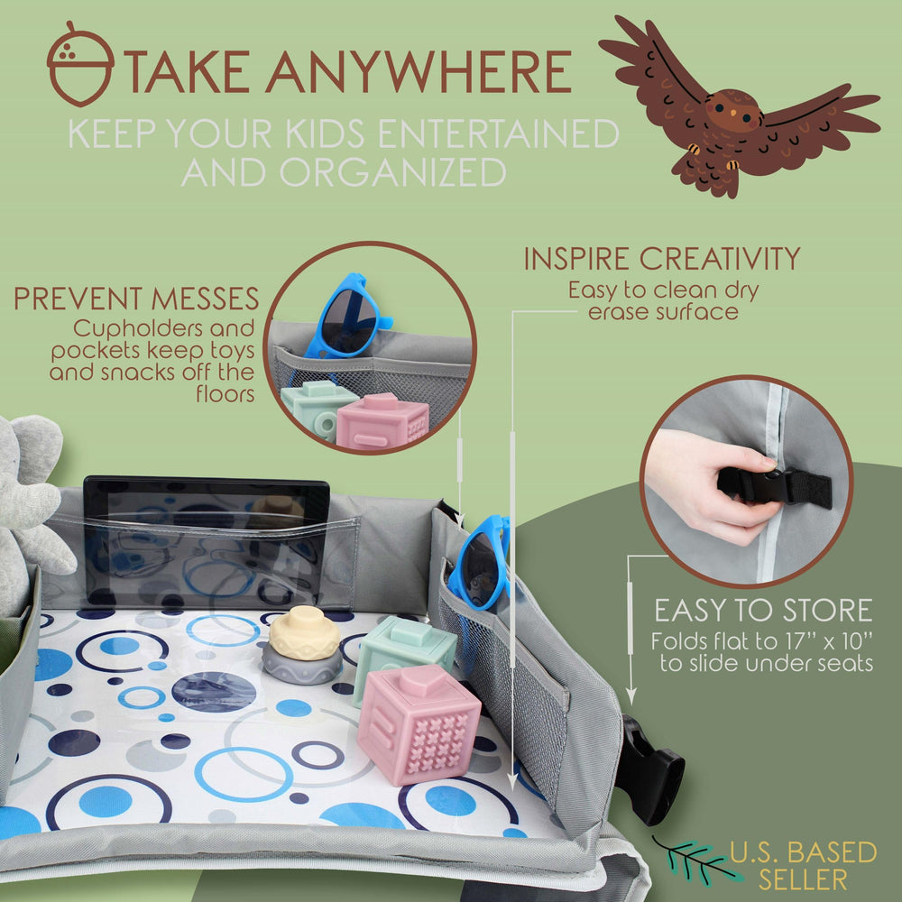 Acorn Baby travel tray features cupholders, pockets, and a tablet sleeve for creativity on the road.