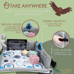 Acorn Baby travel tray features cupholders, pockets, and a tablet sleeve for creativity on the road.