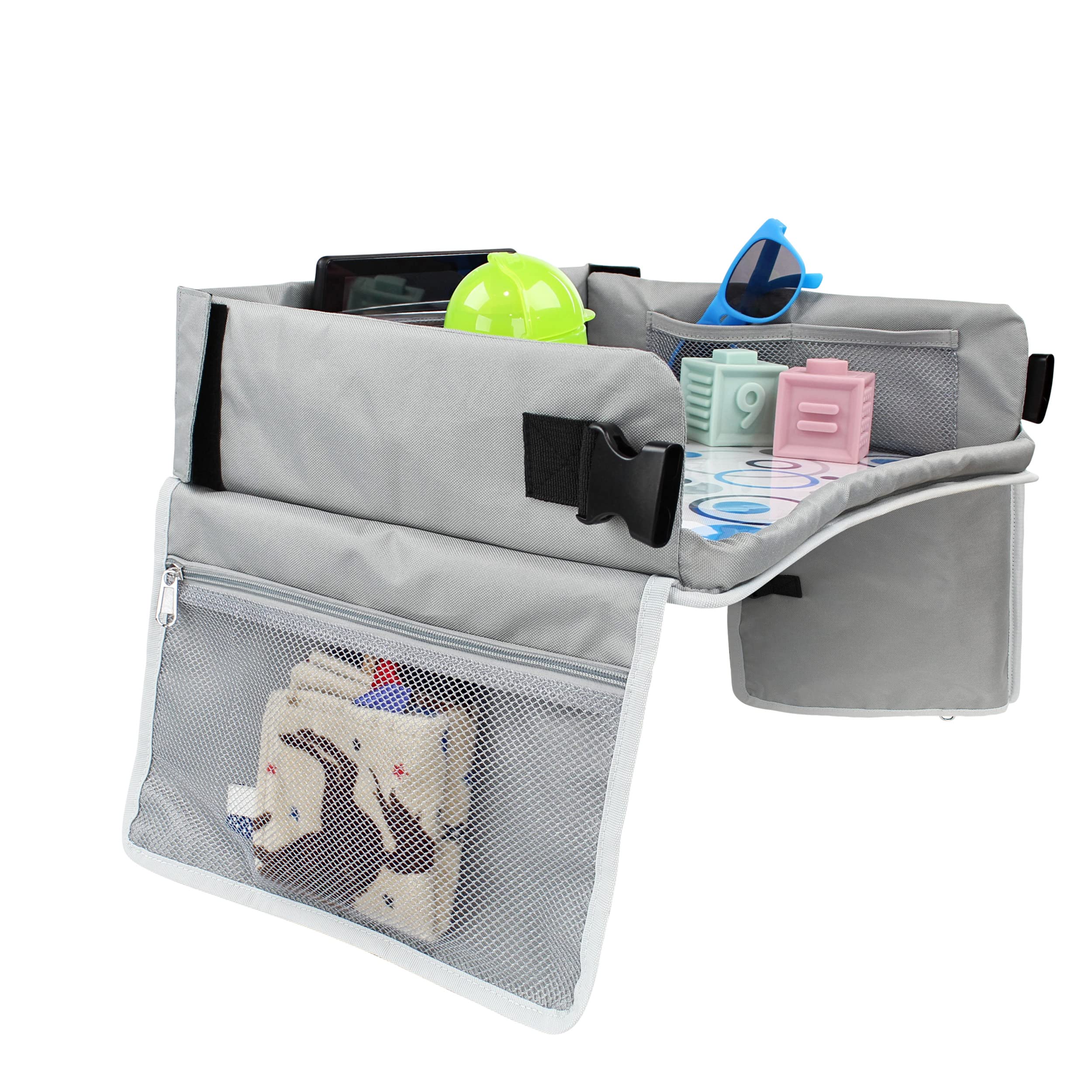 Acorn Baby travel tray on airplane or train emphasizes versatile travel companion.