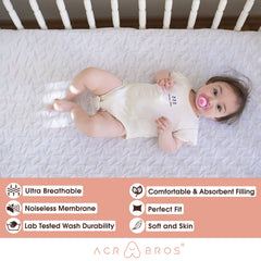 ACRABROS crib mattress pad shows breathable layers for year-round comfort.