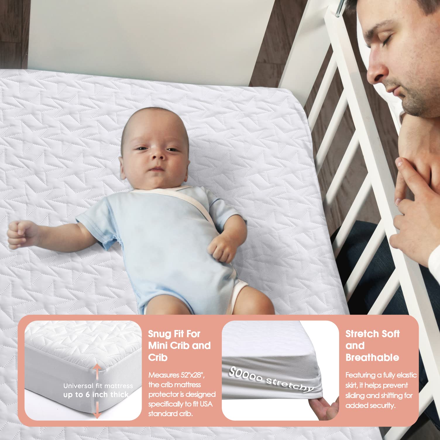 ACRABROS waterproof crib mattress pad suited for machine washing after spills.