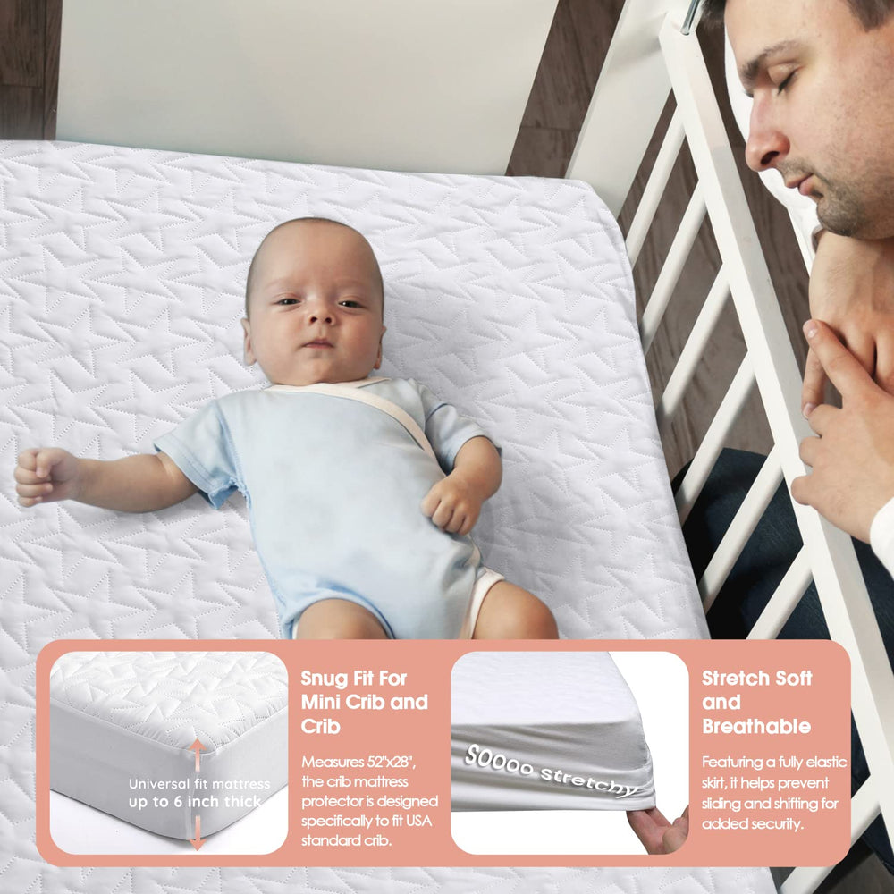 ACRABROS waterproof crib mattress pad suited for machine washing after spills.