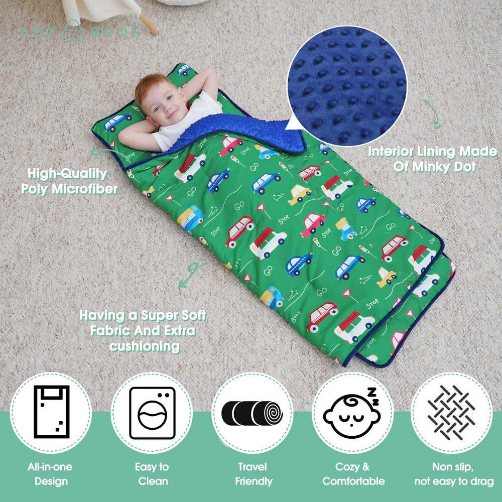 ACRABROS nap mat materials emphasize soft poly microfiber and minky dot lining.