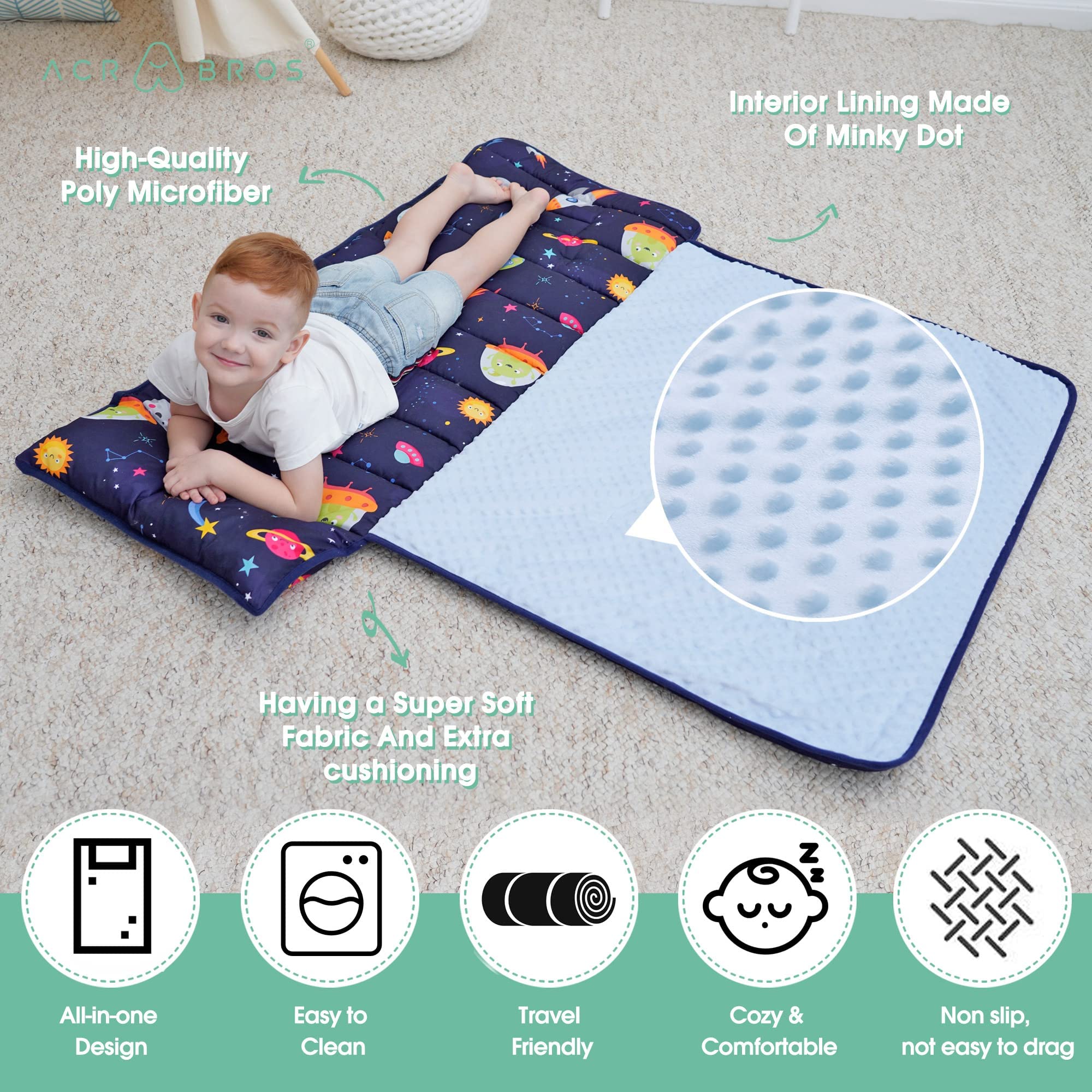 ACRABROS nap mat with soft minky dot lining for gentle skin contact