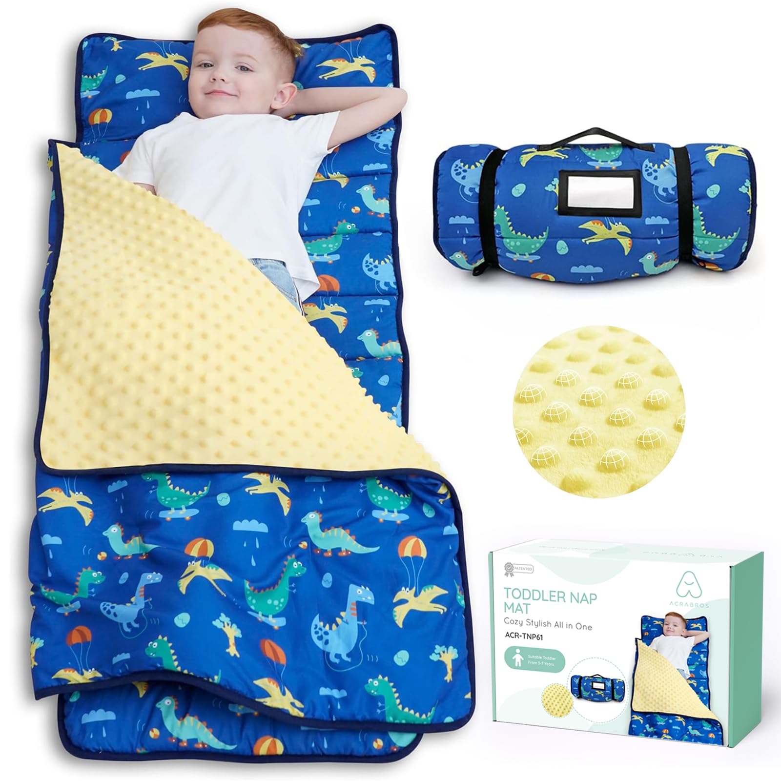ACRABROS dinosaur rolled nap mat for compact travel and cozy naps