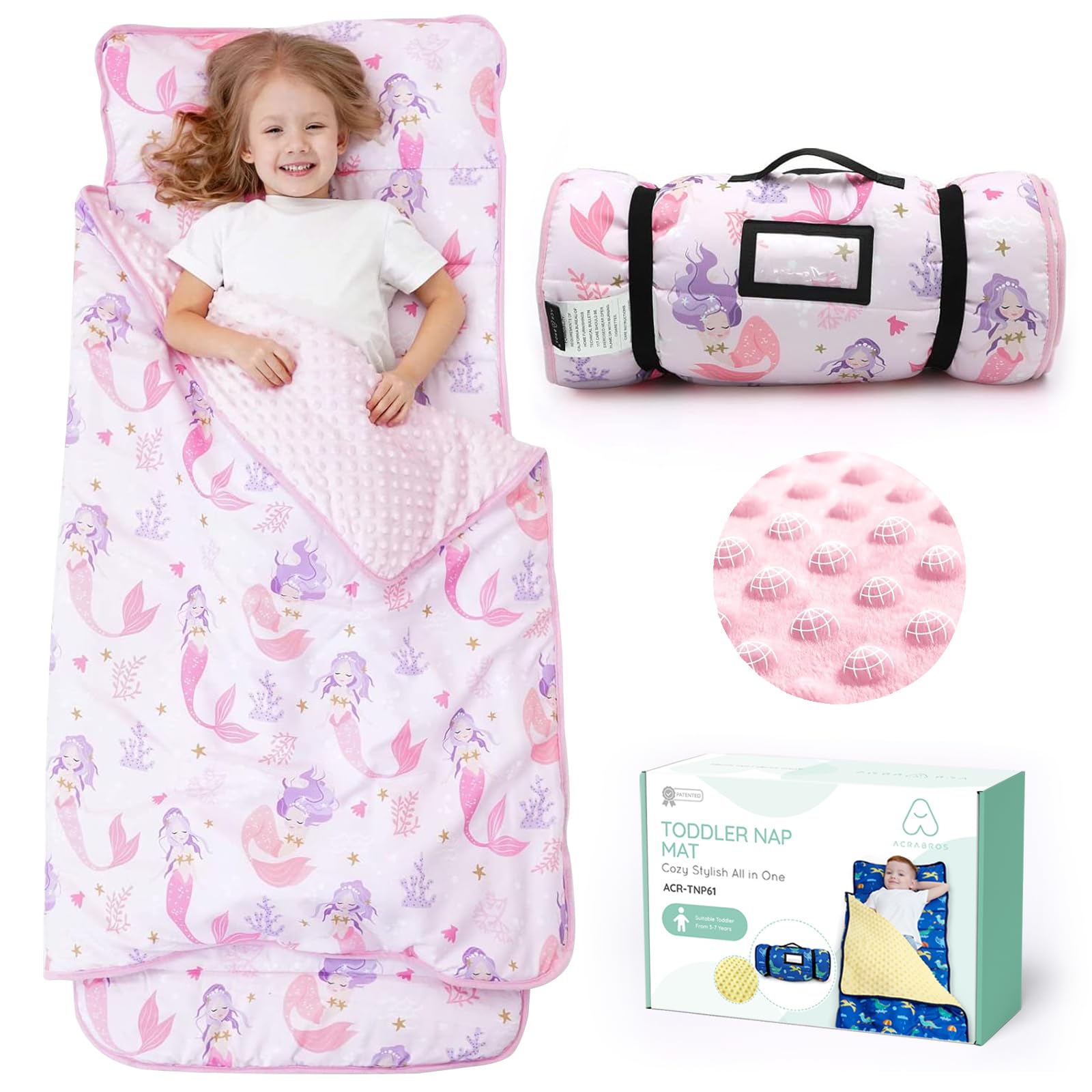ACRABROS Mermaid nap mat design shows soft fabric and cozy pillow