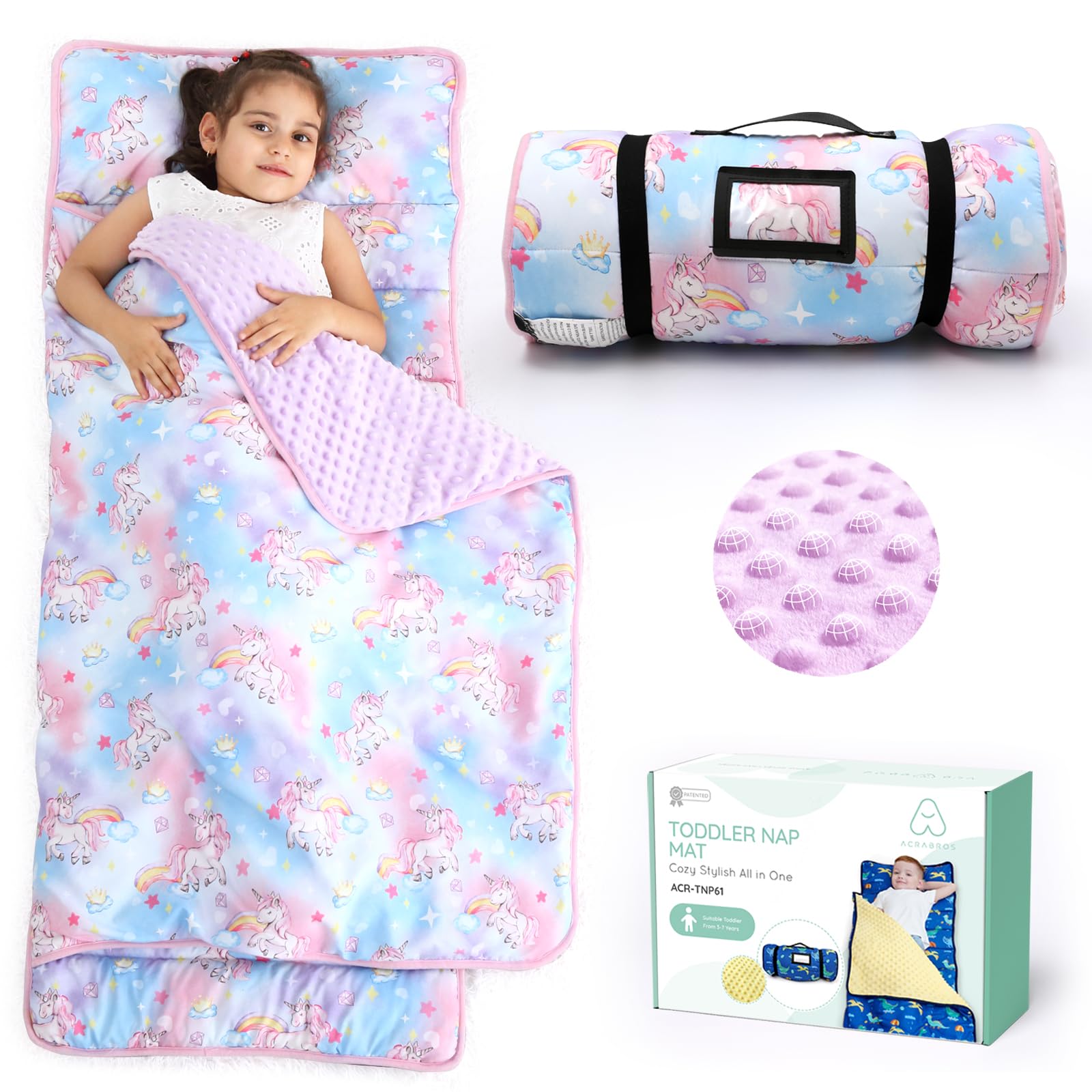 ACRABROS toddler nap mat rolled-front view demonstrates extra-large comfort for travel rests.