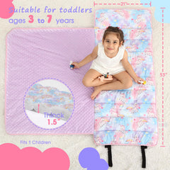 ACRABROS toddler nap mat unicorn-design showcases playful color for safe daycare and travel.