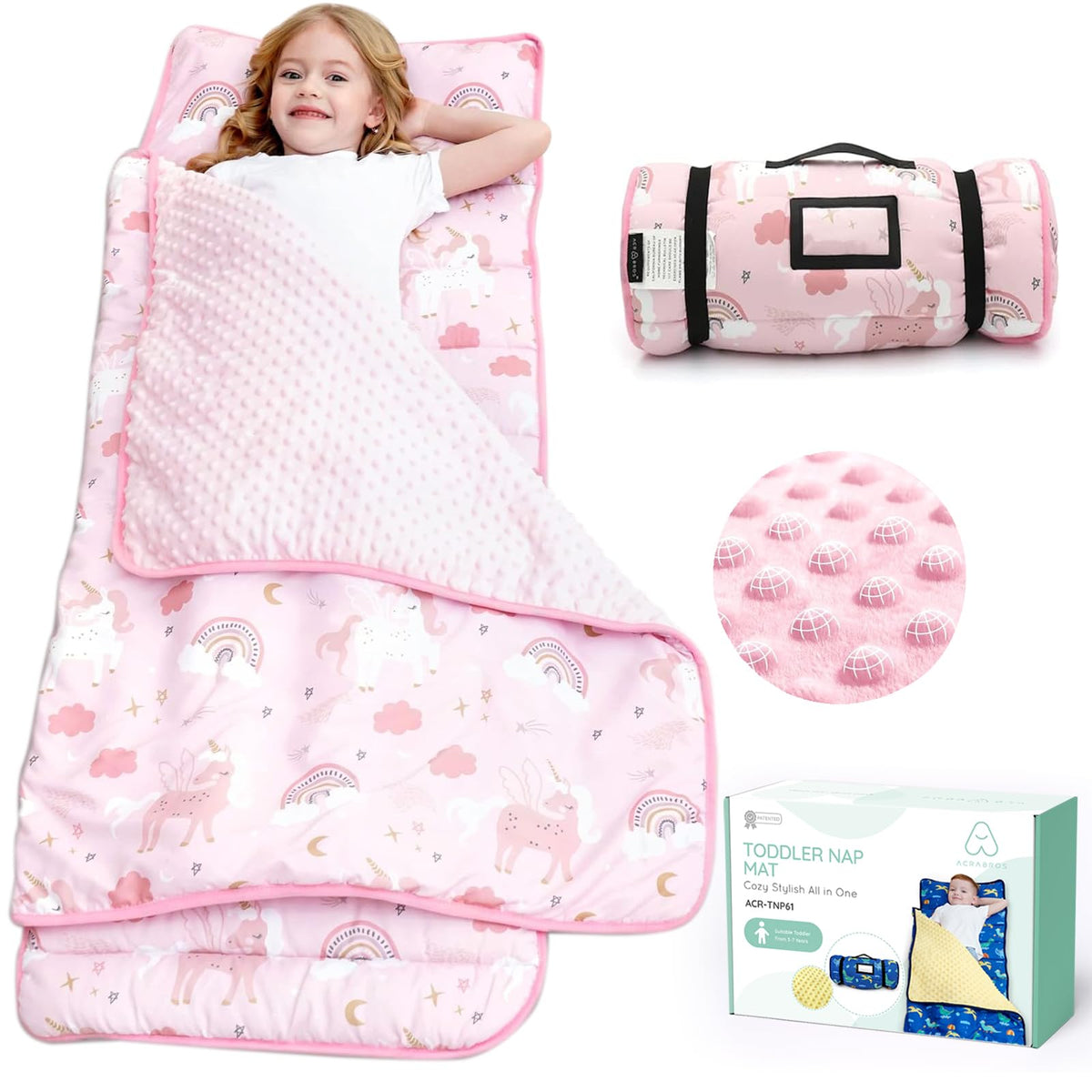 ACRABROS Toddler Nap Mat unicorn logo for easy daycare identification and cozy sleep.