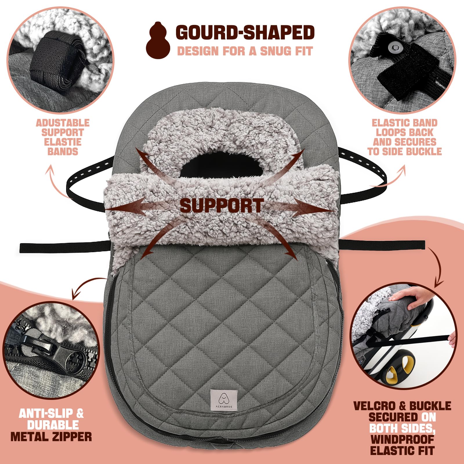 ACRABROS waterproof windproof infant cover seen on car seat protects from rain and wind.