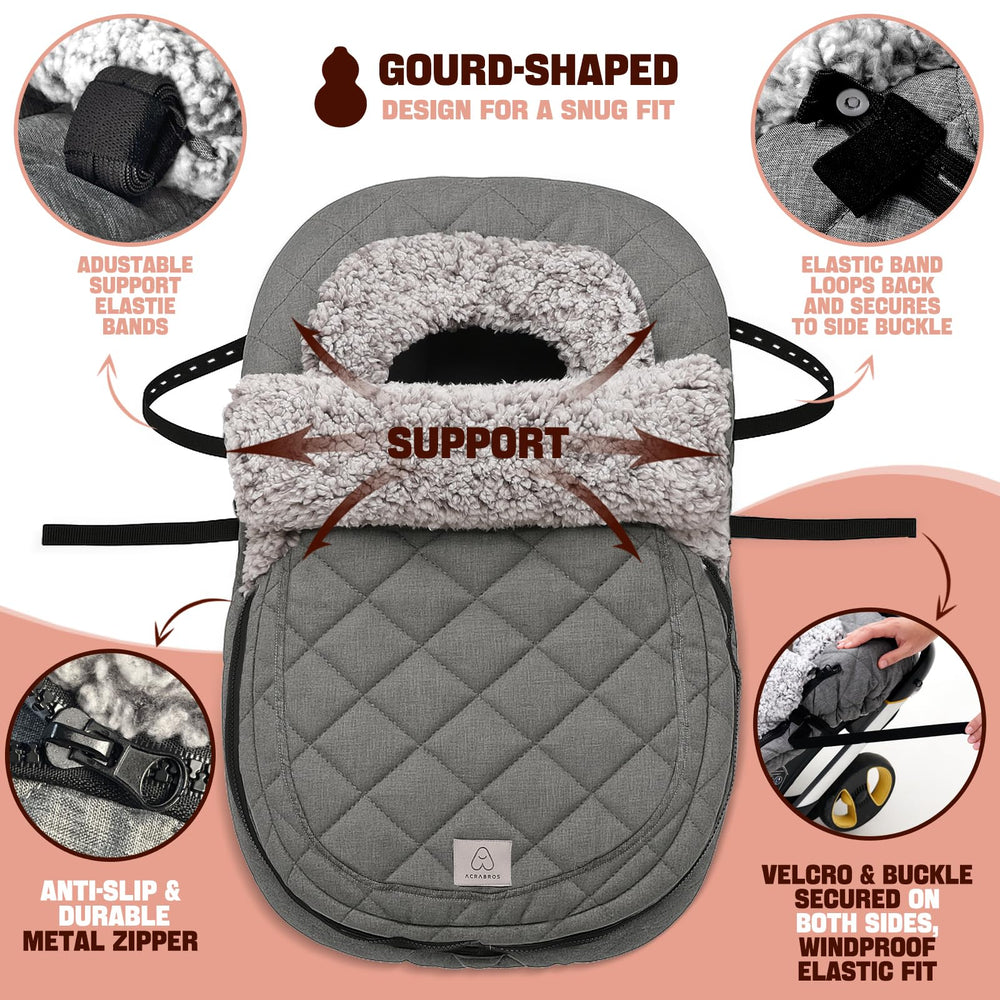 ACRABROS waterproof windproof infant cover seen on car seat protects from rain and wind.