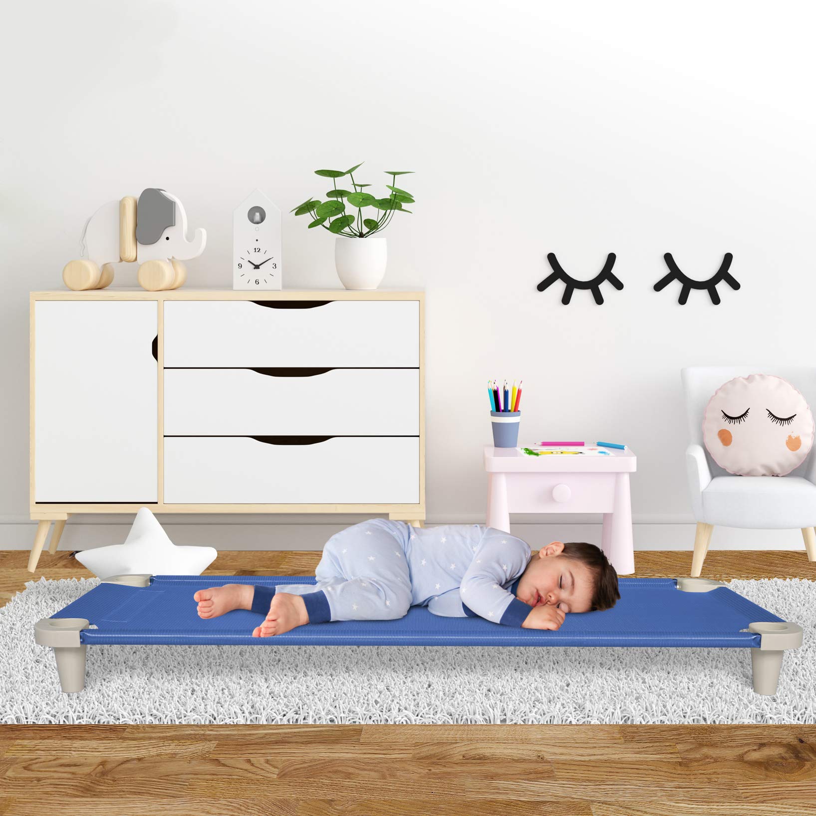 Acrimet Nap Cot assembly photo illustrating quick setup for classrooms