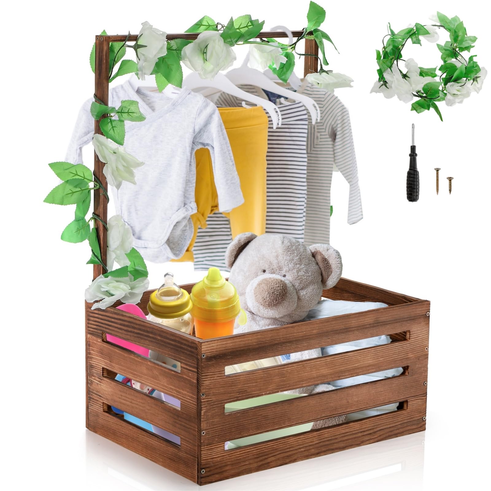 Acshio Baby Shower Crate Closet shows sturdy wooden storage for newborn gifts.