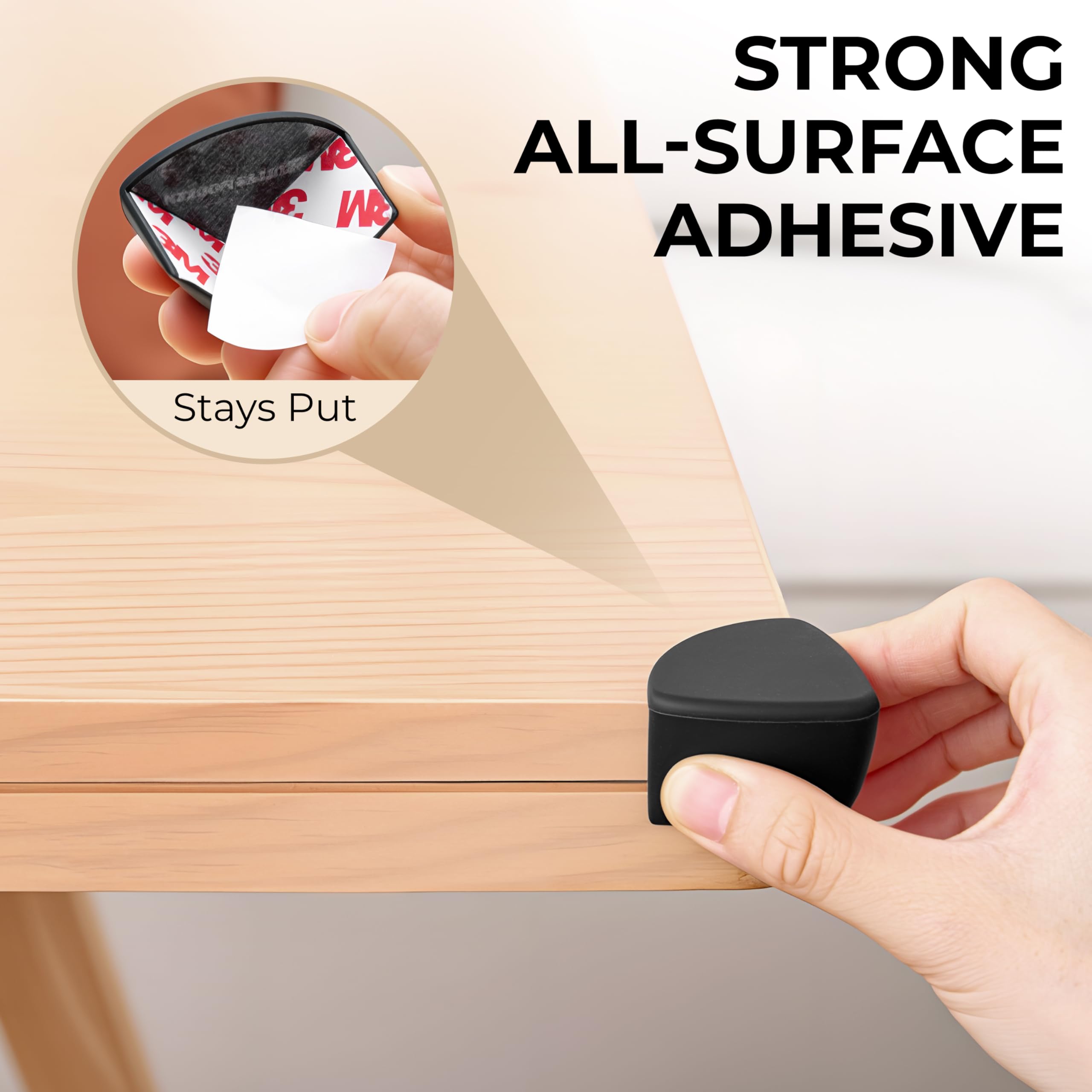 Acuity Modern corner protector on a coffee table demonstrates quick peel-and-stick installation.