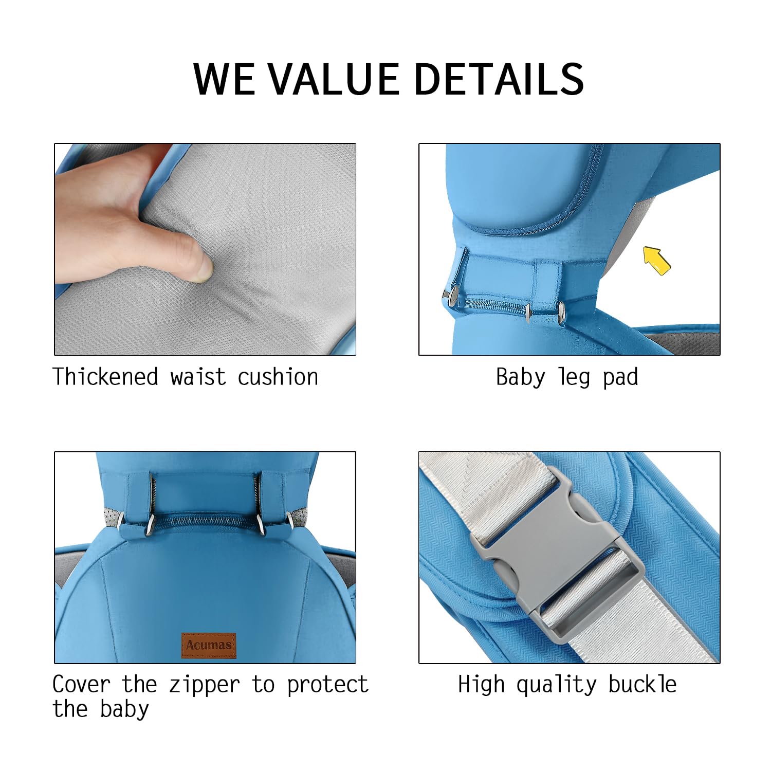 Acumas baby carrier hip seat blue shoulder-strap detail emphasizes weight distribution