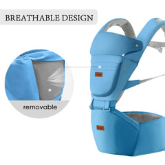 Acumas baby carrier hip seat blue side view demonstrates adjustable straps for personalized comfort