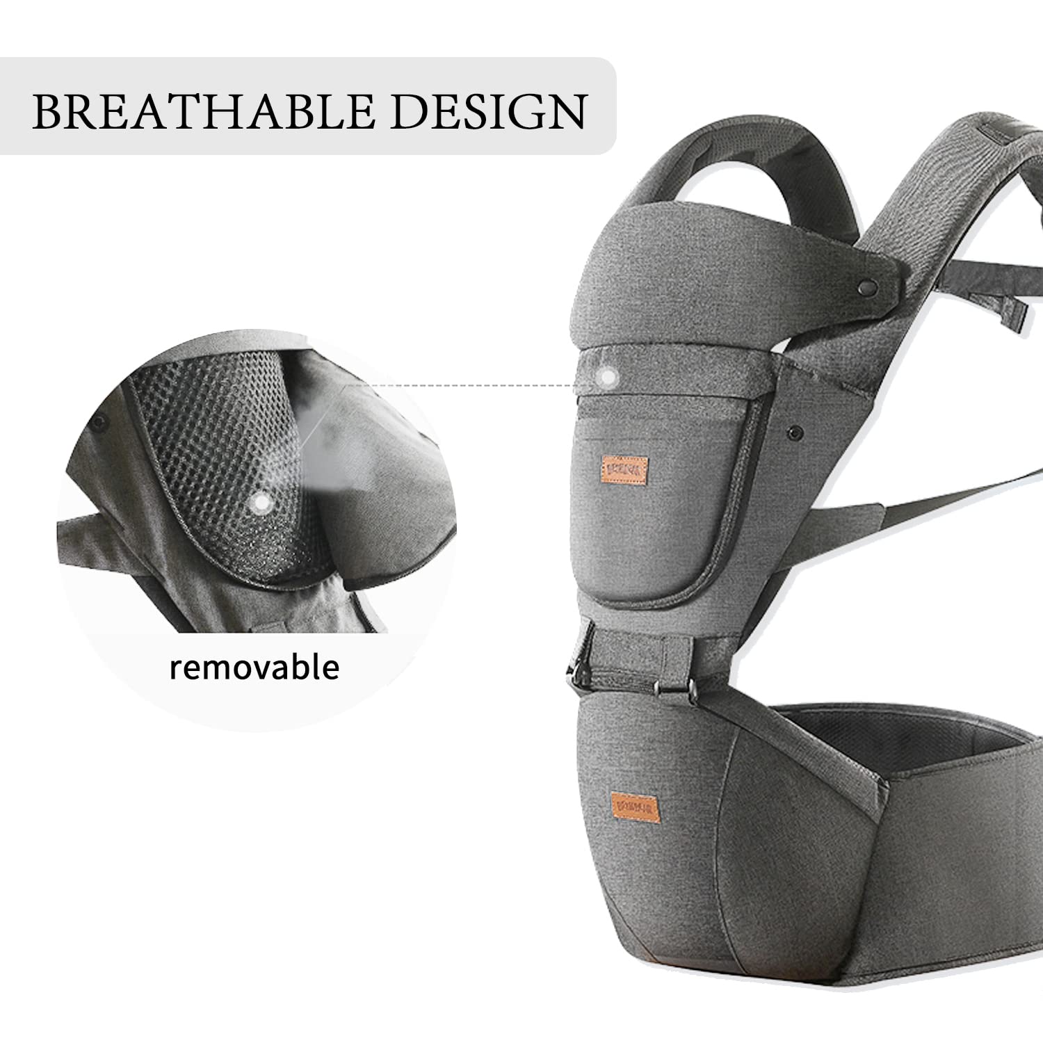 Acumas baby carrier hip seat grey hip-seat close-up highlighting gentle positioning