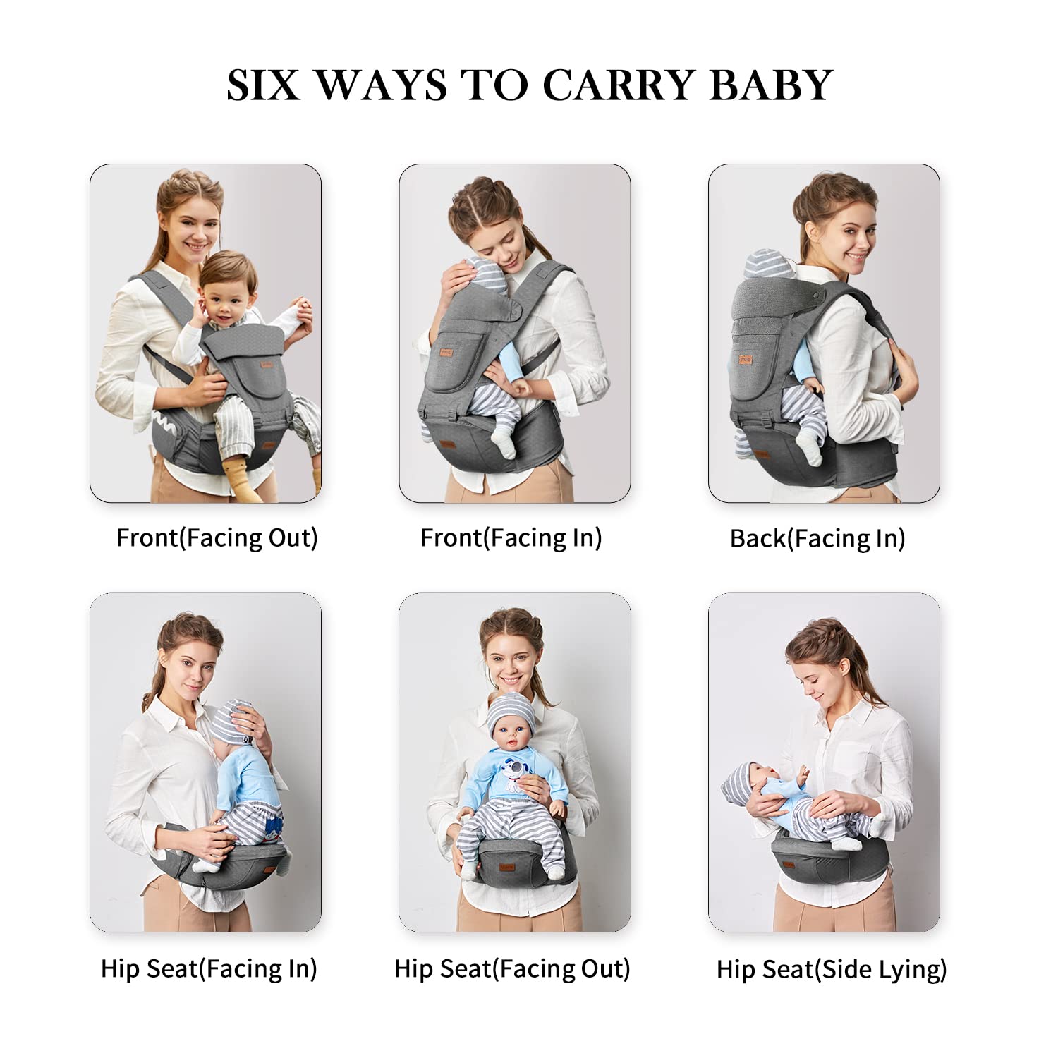 Acumas baby carrier hip seat grey newborn position illustrating ergonomic support