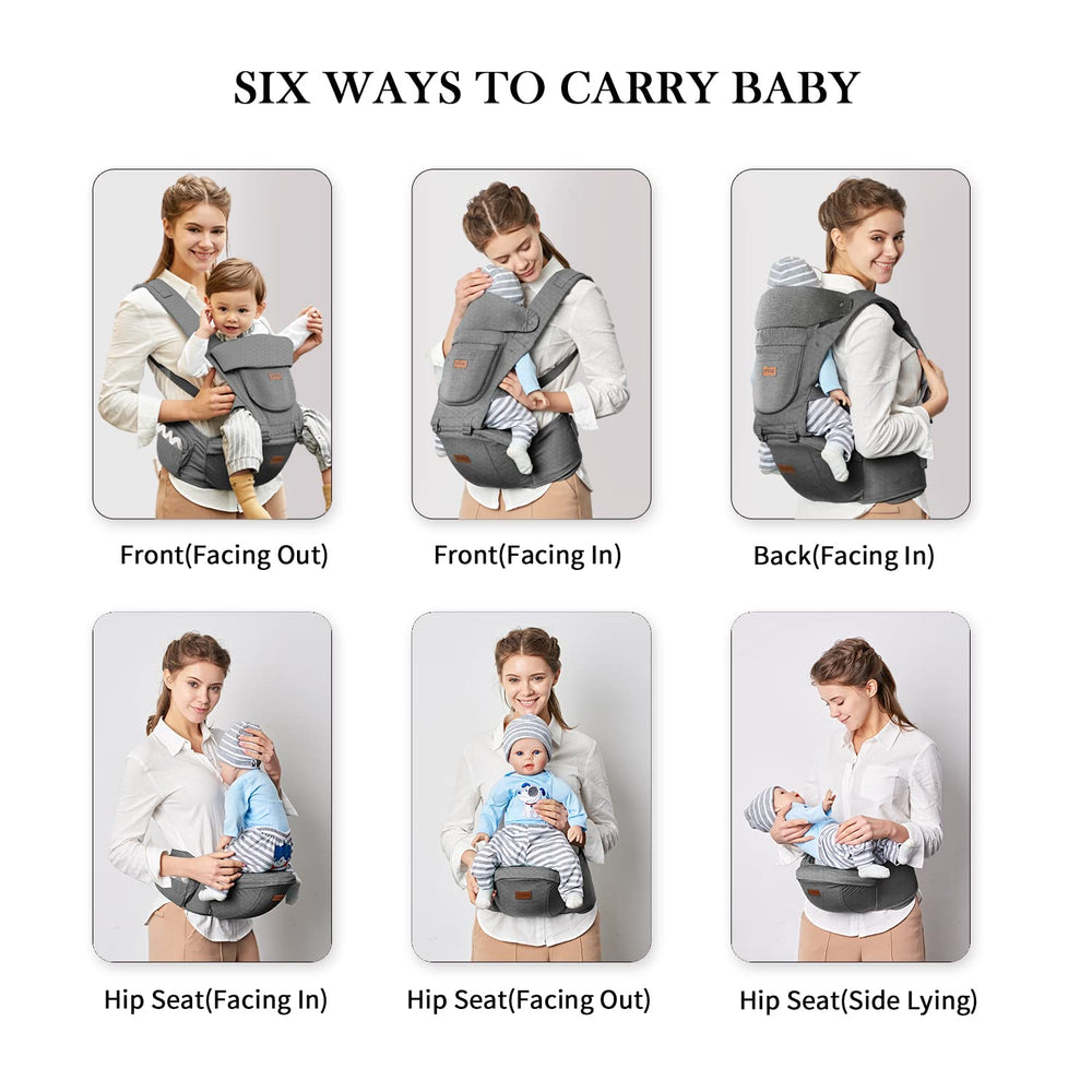 Acumas baby carrier hip seat grey newborn position illustrating ergonomic support