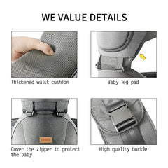 Acumas baby carrier hip seat grey worn by parent demonstrating hands-free mobility