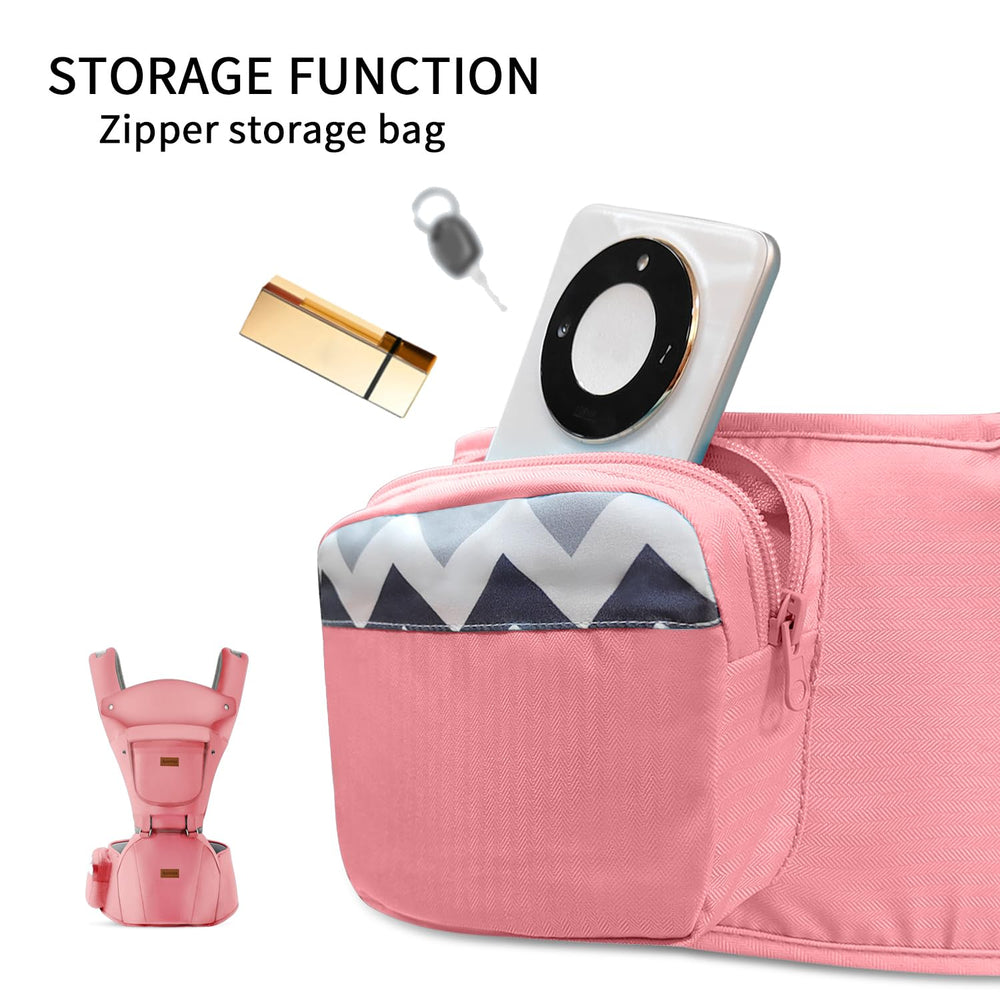 Acumas pink hip-seat carrier close-up highlighting hip-friendly alignment.