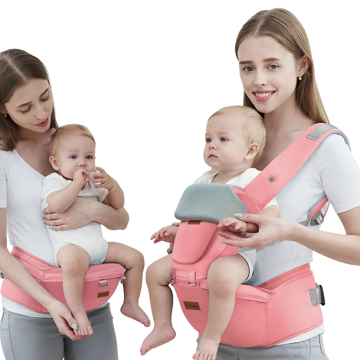 Acumas baby carrier hip seat pink front view with ergonomic support for parents.