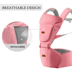 Acumas baby carrier hip seat pink side-worn showing even weight distribution for comfort.