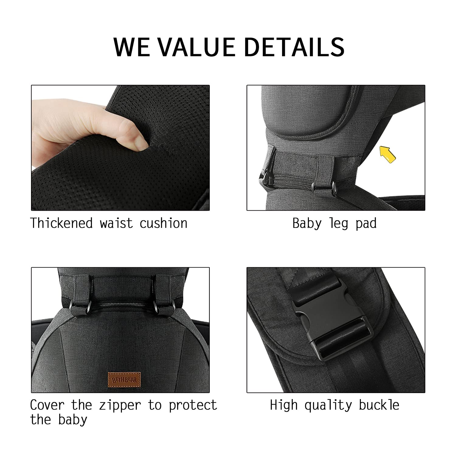 Acumas baby carrier soft strap and wide waist belt reduce wearer fatigue.