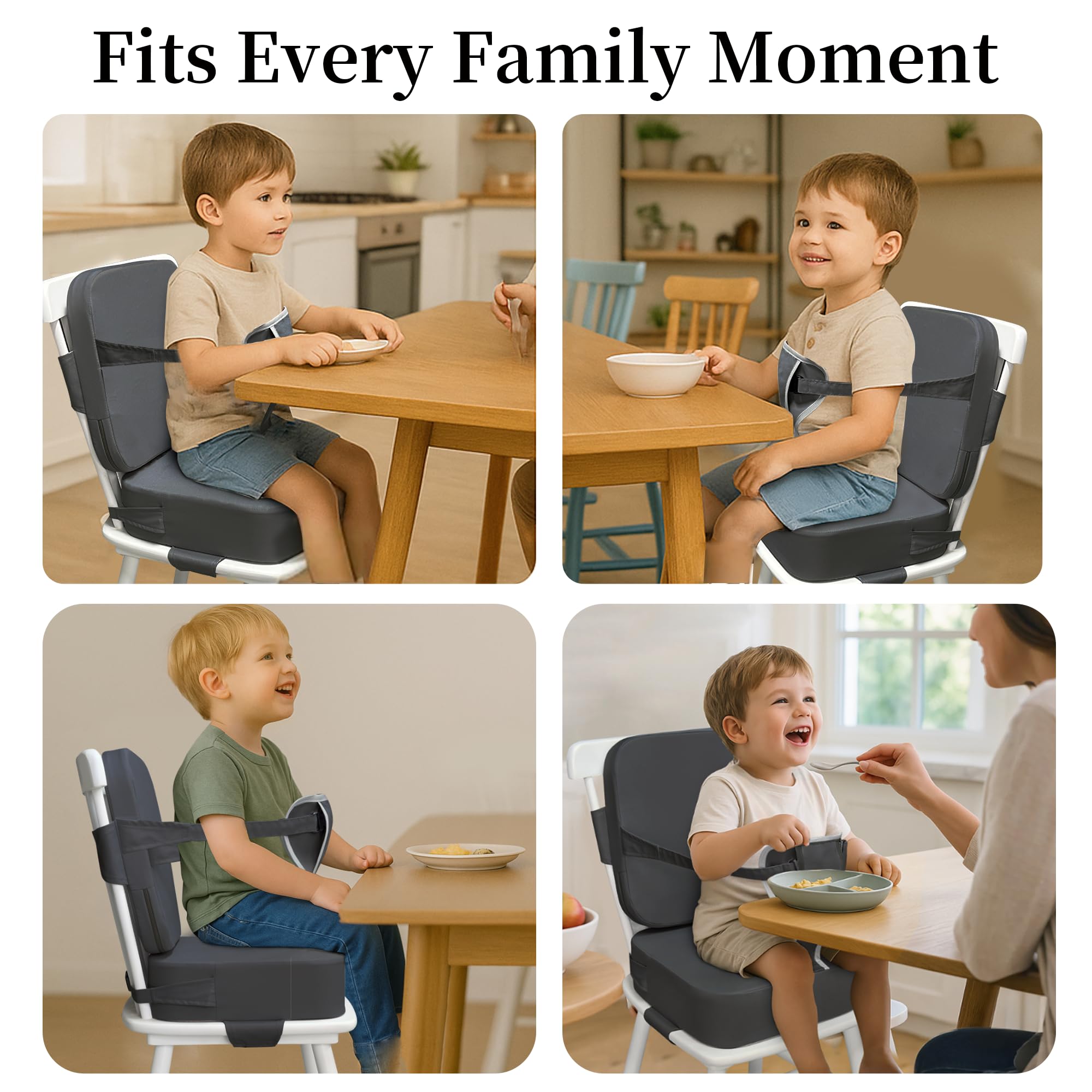 Acxseo dark grey booster seat material stands up to daily use.