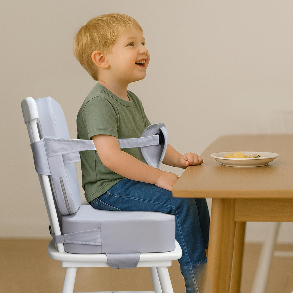 Acxseo Toddler Booster Seat gray spill-resistant fabric protects foam during meals