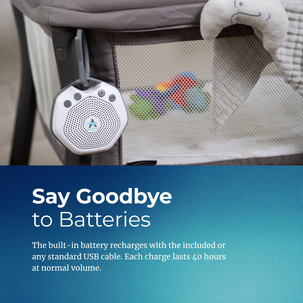Adaptive Sound Technologies LectroFan Alpha crib-use setup supports peaceful nursery time.