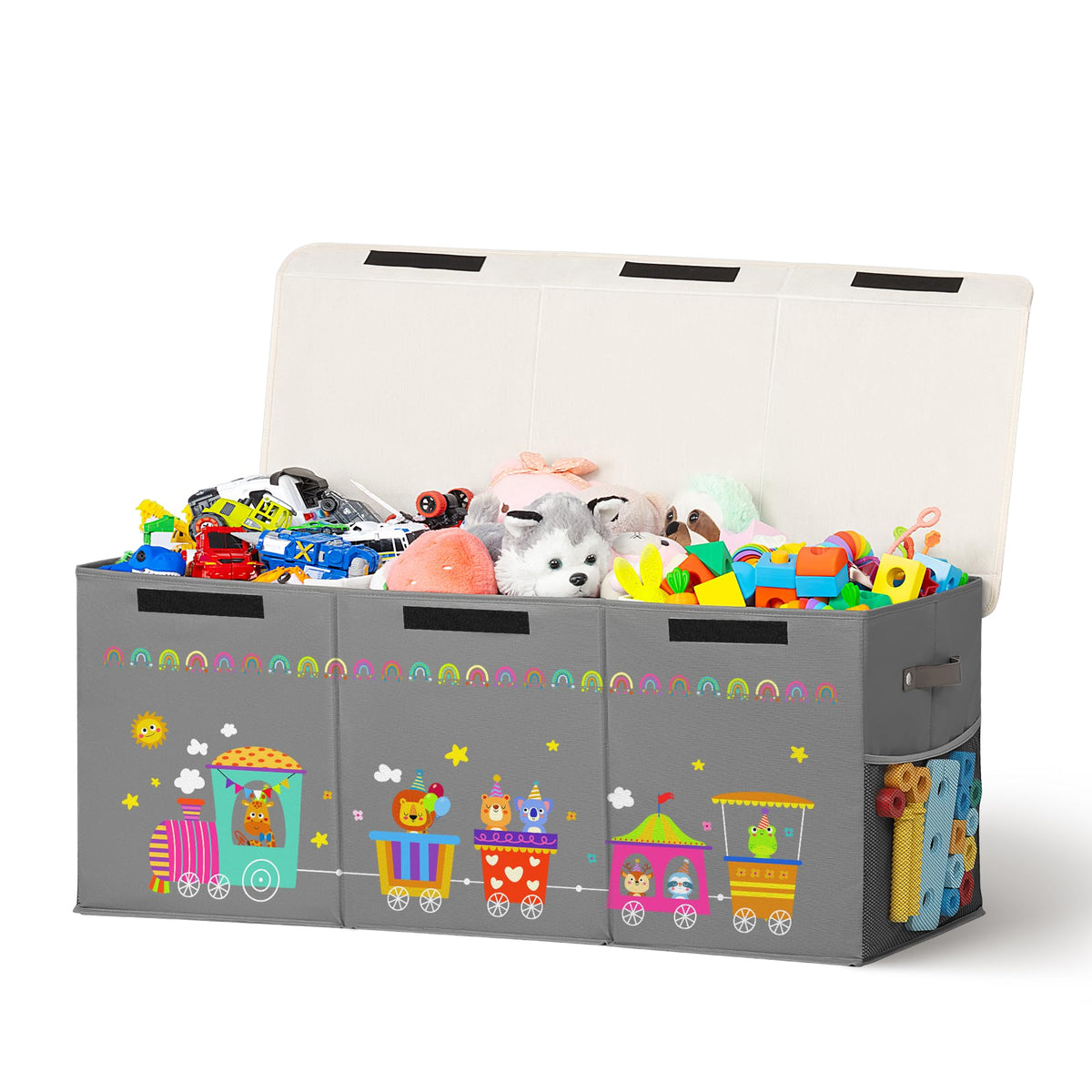ADEHMDA 120L toy storage box with lid shows ample capacity for plush toys
