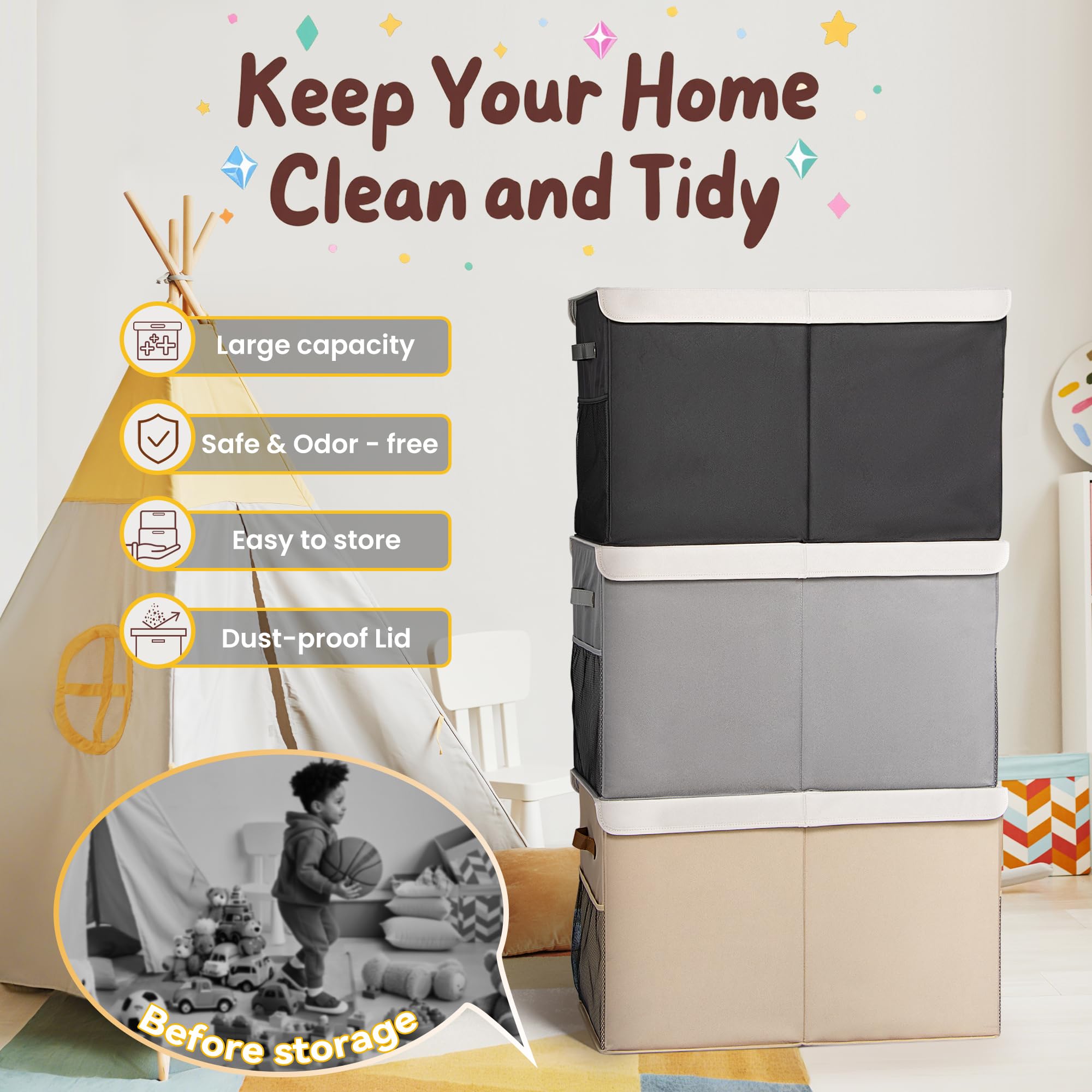 ADEHMDA 80L box fits in living rooms and nurseries for easy organization.