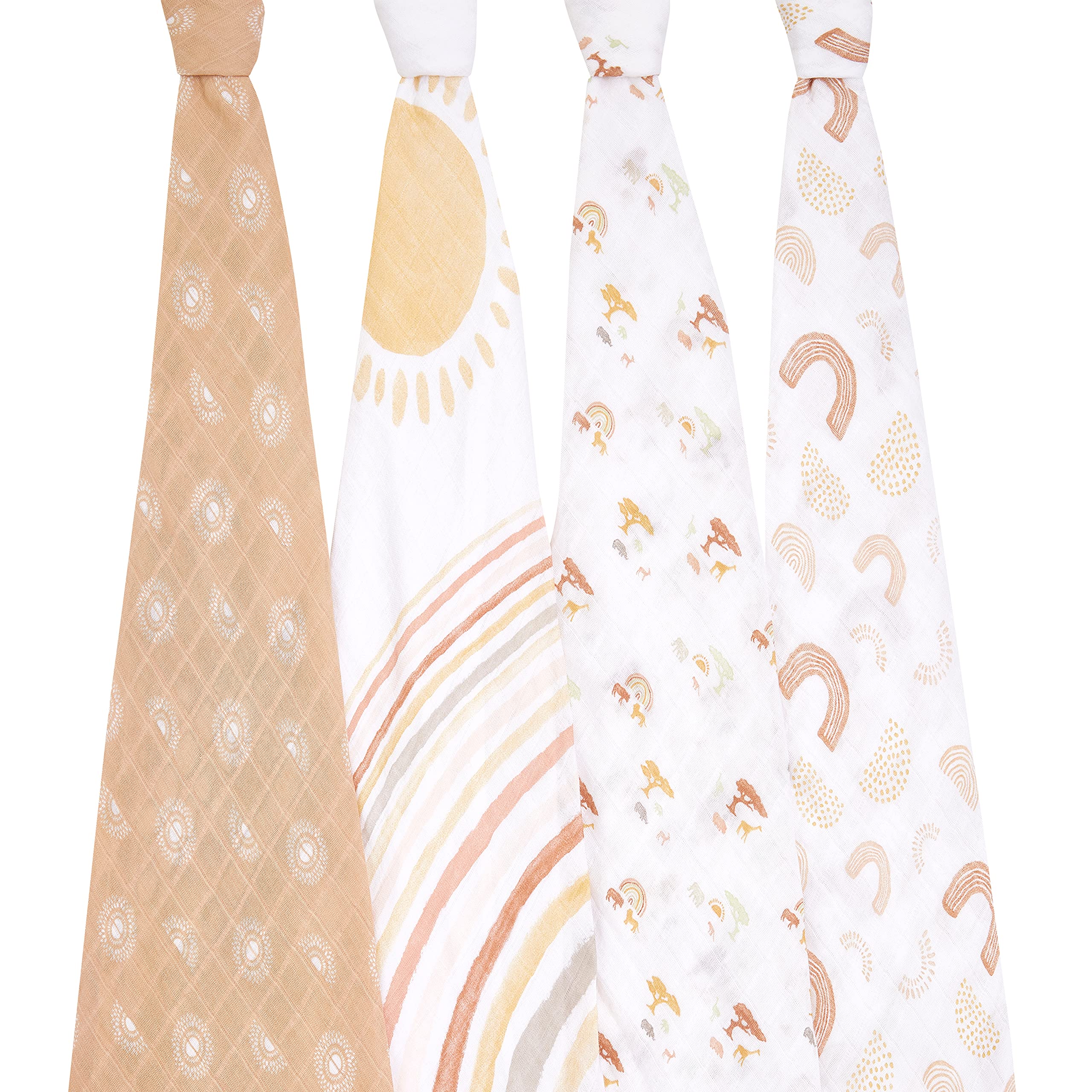 aden + anais four-pack swaddle blankets laid flat to showcase generous 47x47 inch size.