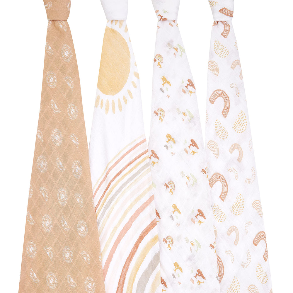 aden + anais four-pack swaddle blankets laid flat to showcase generous 47x47 inch size.