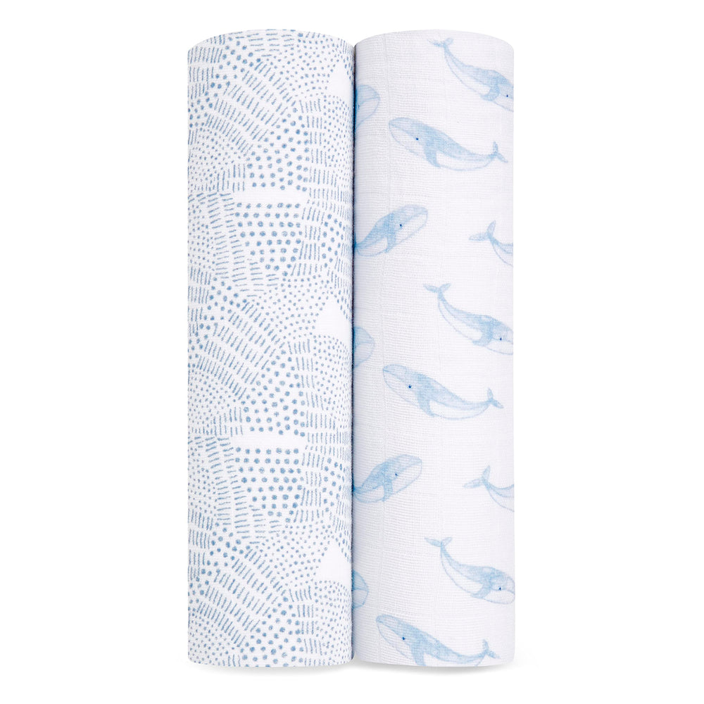 aden + anais Boutique Muslin Swaddle Oceanic pack close-up showing breathable organic cotton.