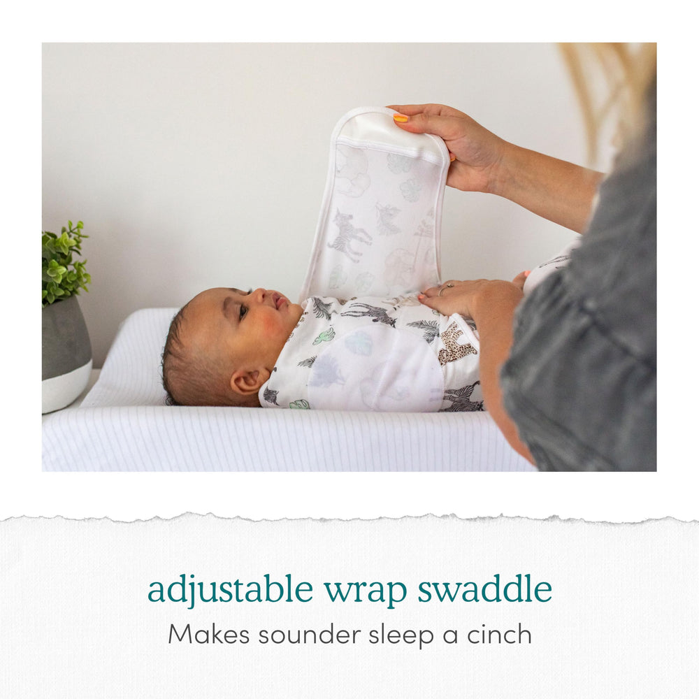 aden + anais Easy Swaddle Wrap arms-in use showing hip-friendly roomy design