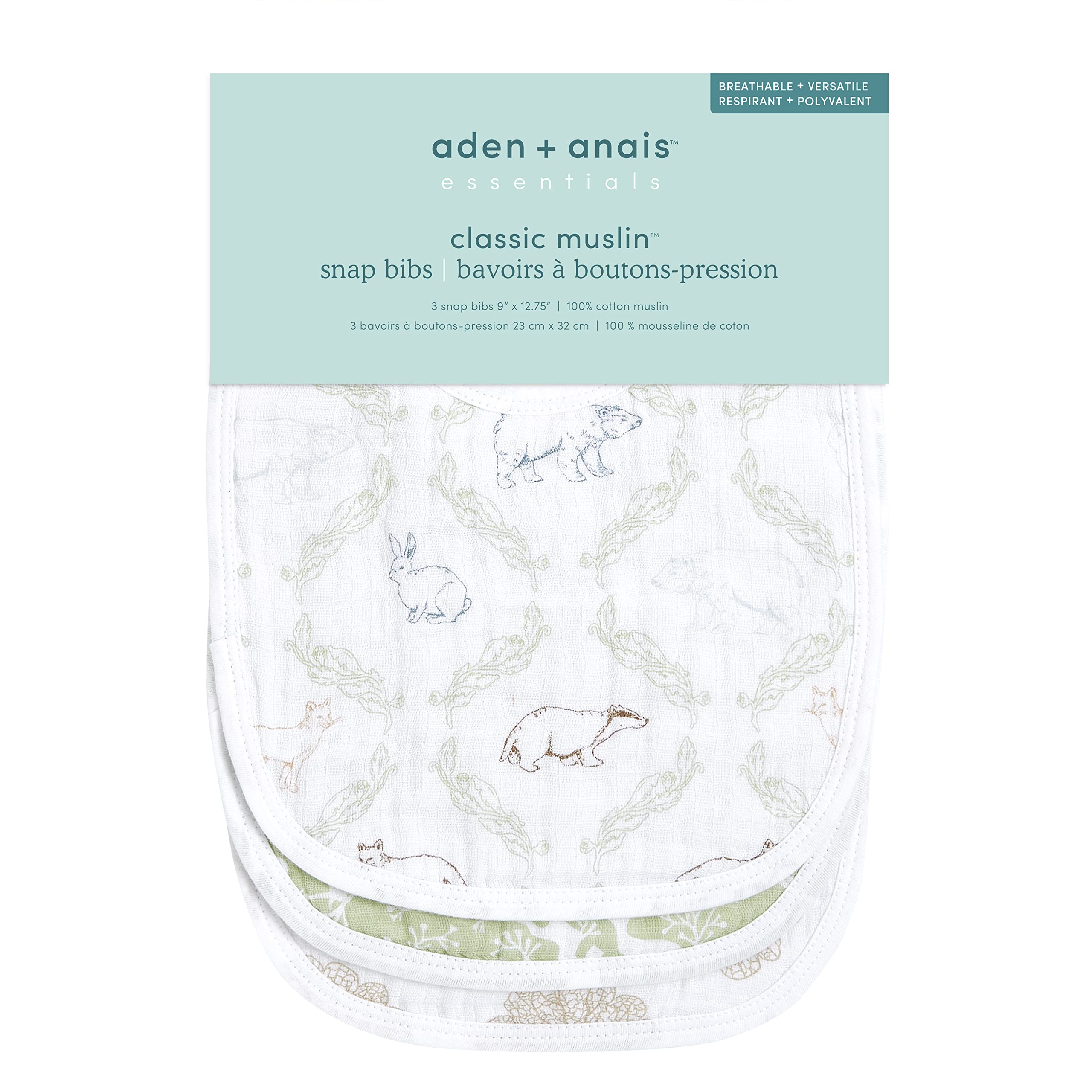 aden + anais Essentials bib with front adjustable snaps that grow with baby during feeds