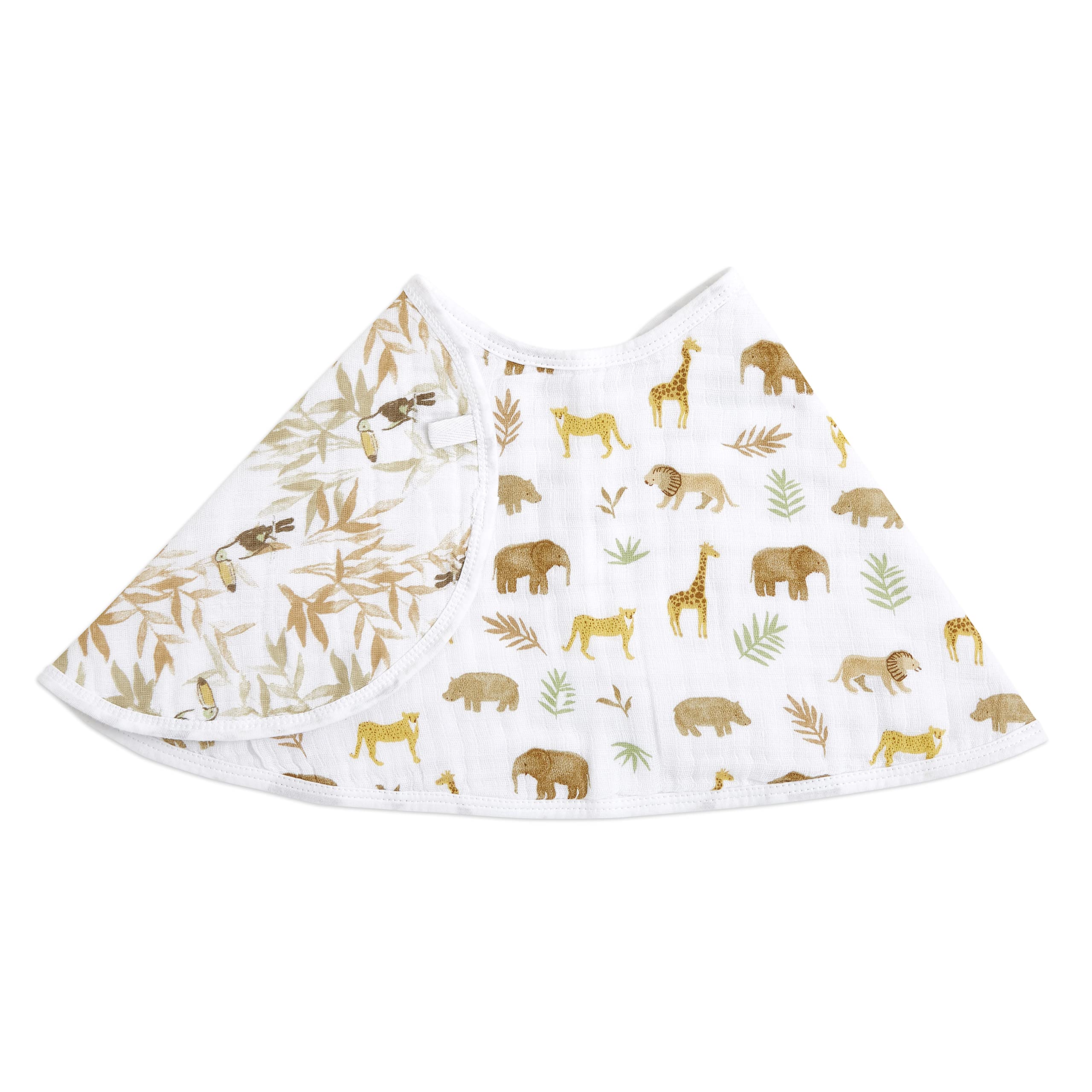 aden + anais burpy bib closeup shows four-layer muslin coverage for spills