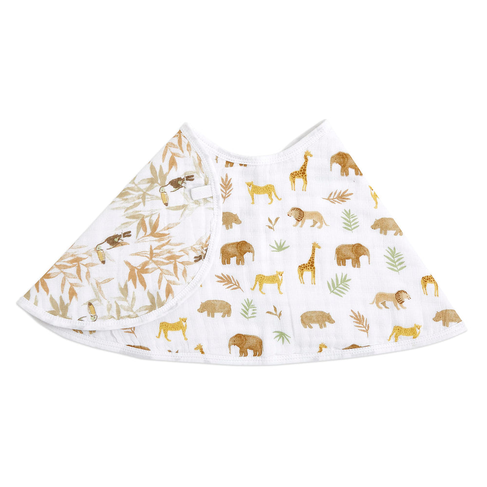aden + anais burpy bib closeup shows four-layer muslin coverage for spills
