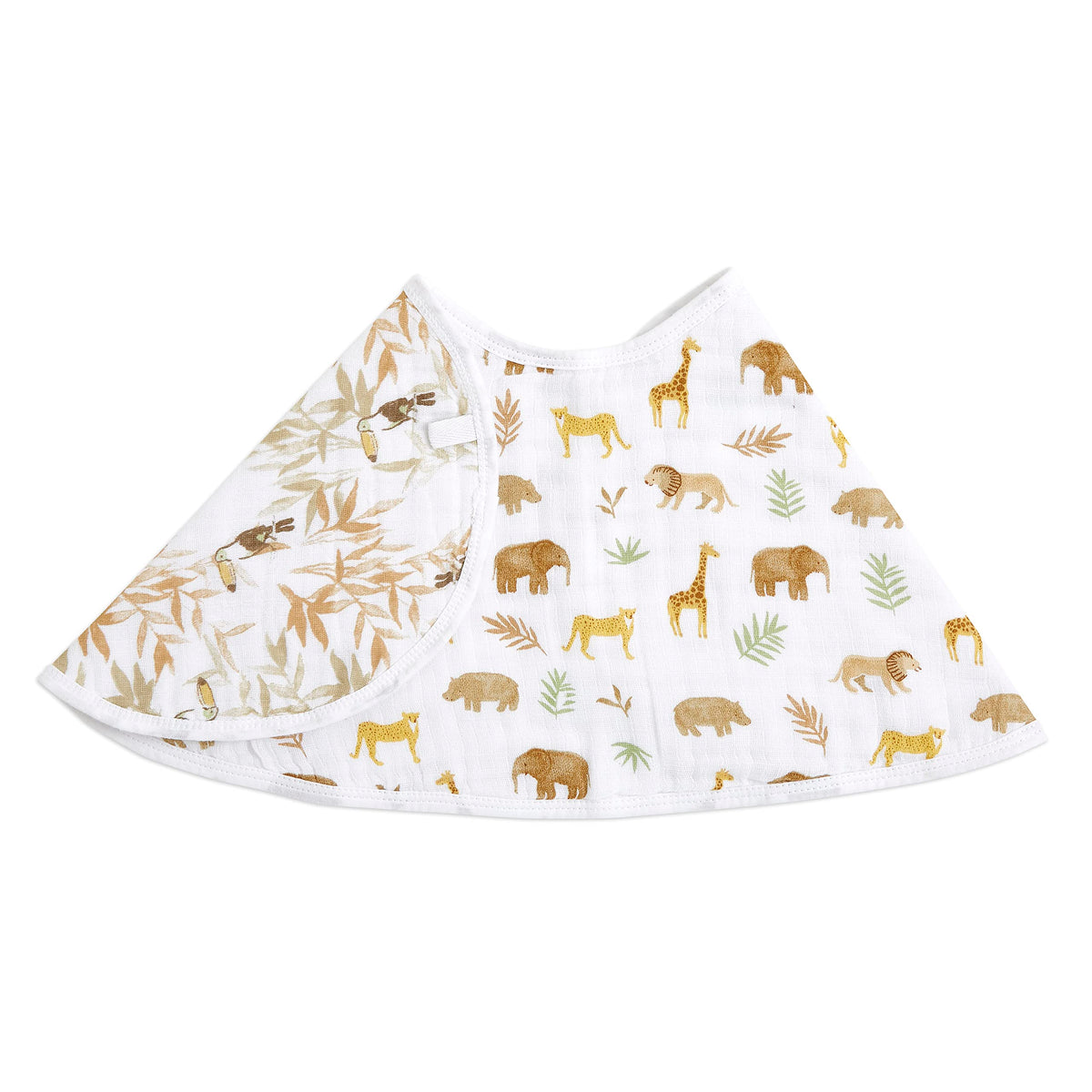 aden + anais burpy bib closeup shows four-layer muslin coverage for spills
