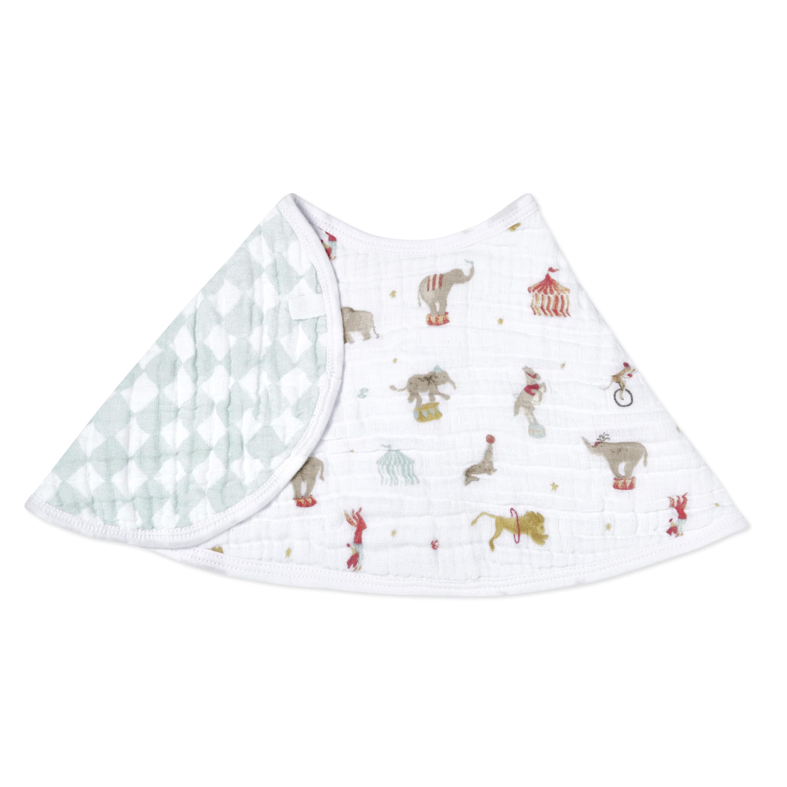 aden + anais Essentials Burpy Bib drapes over shoulders protecting baby outfits from spills