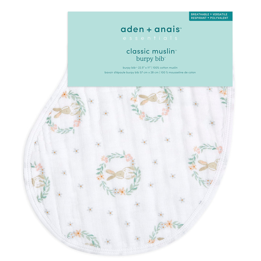 Aden + Anais Essentials burpy bib shows four-layer muslin for quick absorption