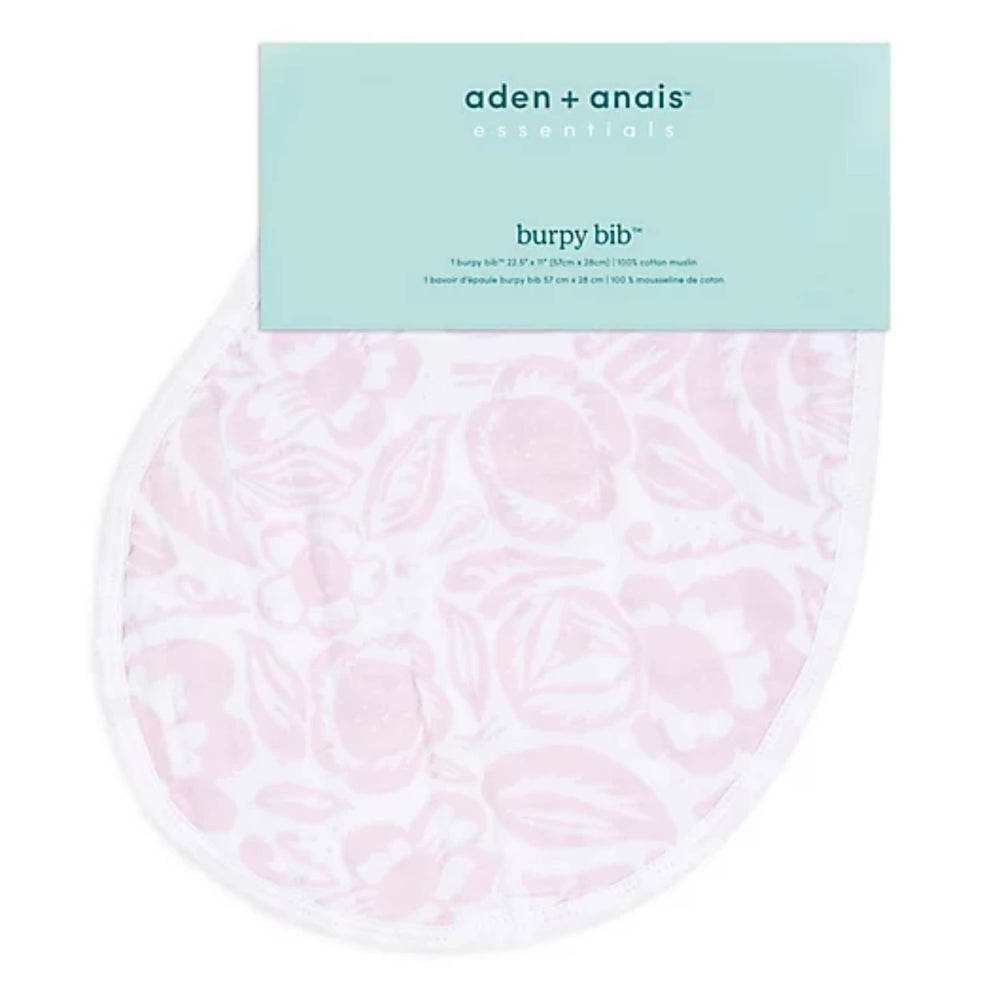 aden + anais Essentials Burpy Bib worn by baby in full-coverage mode for spills and drool