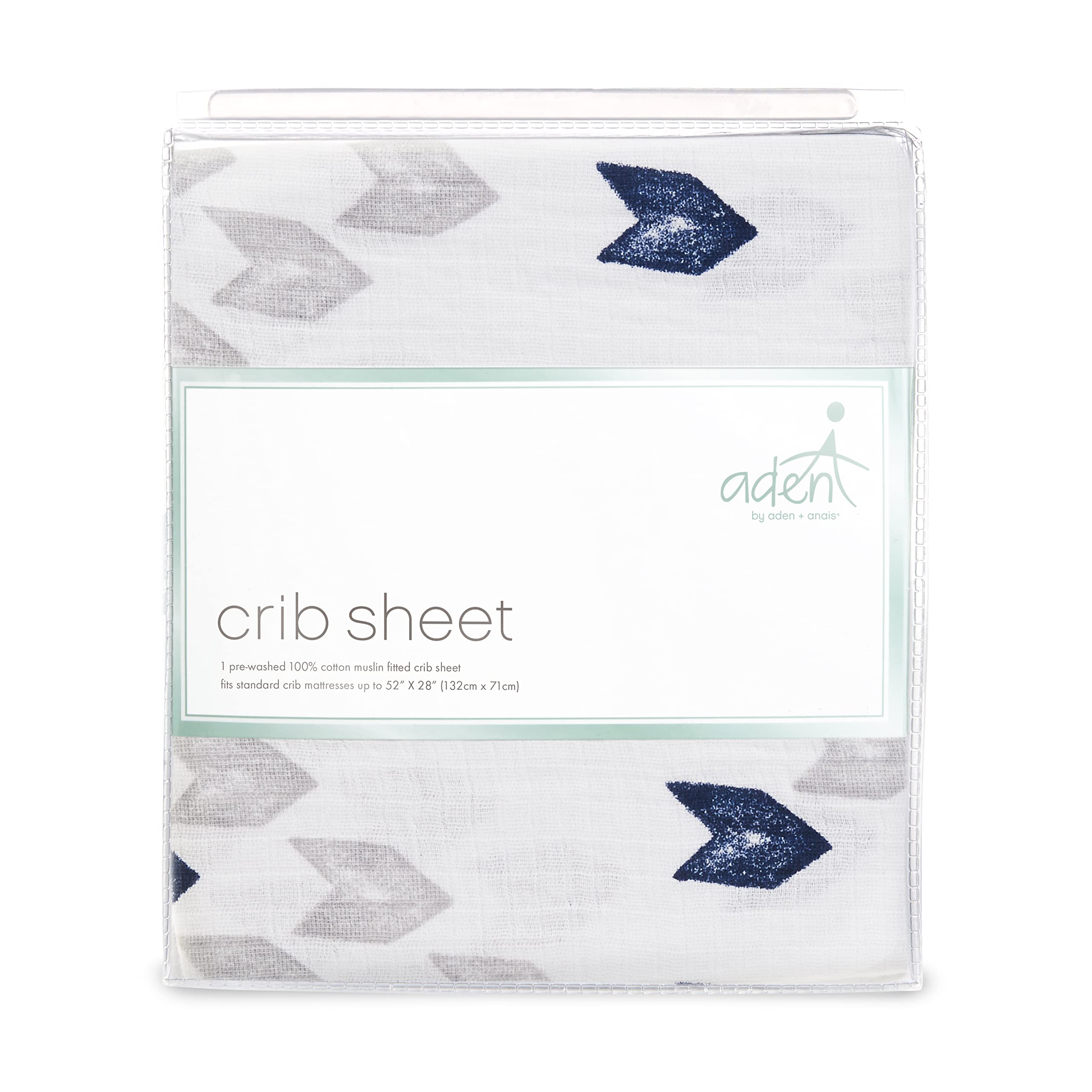 aden + anais Essentials Classic denim crib sheet in use on a standard mattress showing snug elastic fit