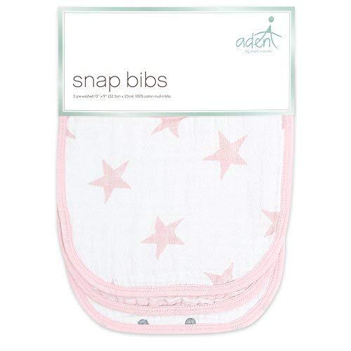 aden + anais essentials cotton muslin snap bib 3-pack on baby provides comfortable, mess-proof feeding.