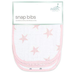 aden + anais essentials cotton muslin snap bib 3-pack on baby provides comfortable, mess-proof feeding.