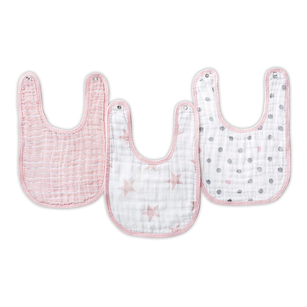 aden + anais essentials cotton muslin snap bib 3-pack on table supports mess-free feeding.