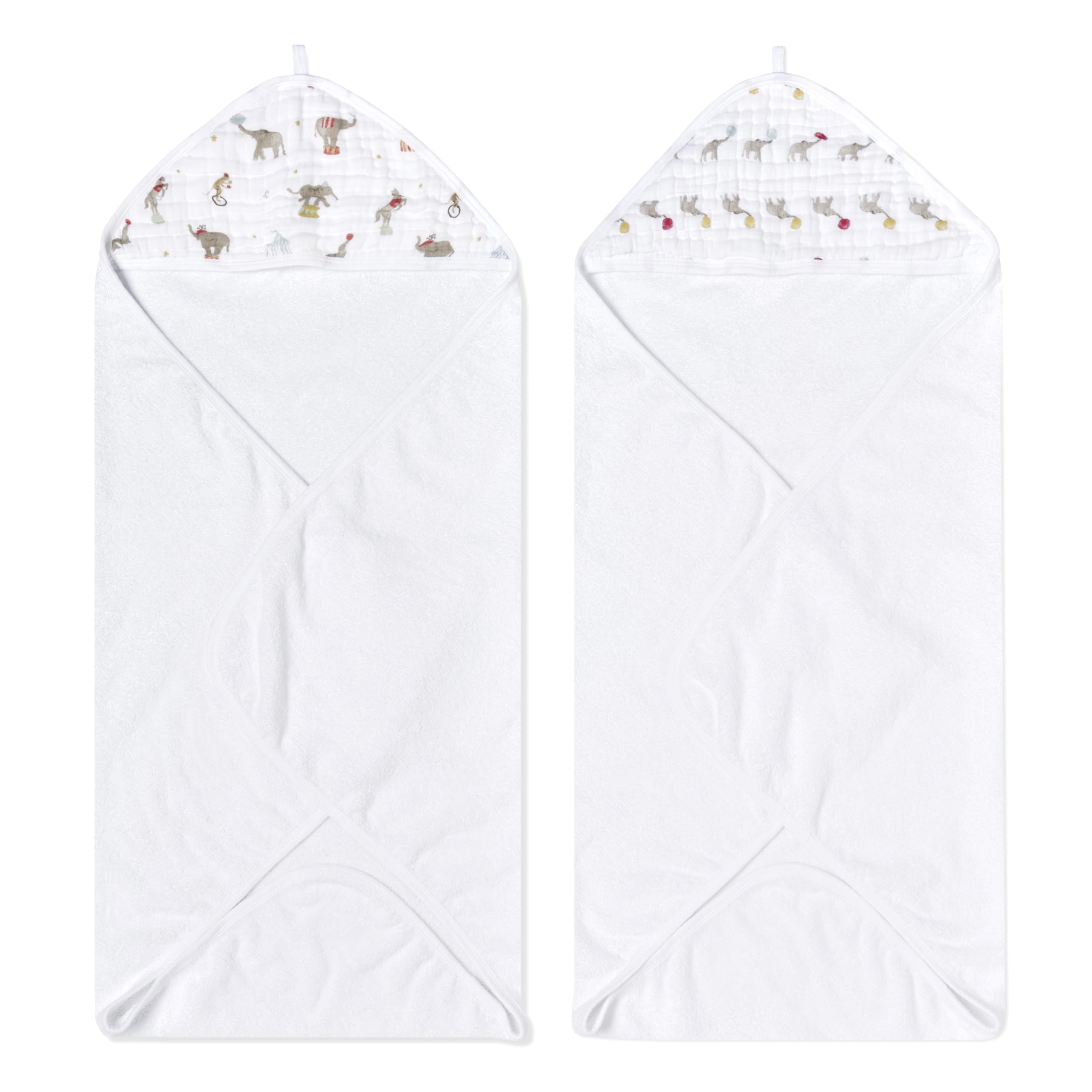 aden + anais Essentials hooded towel Elephant Circus close-up showing plush cotton terry for quick post-bath drying
