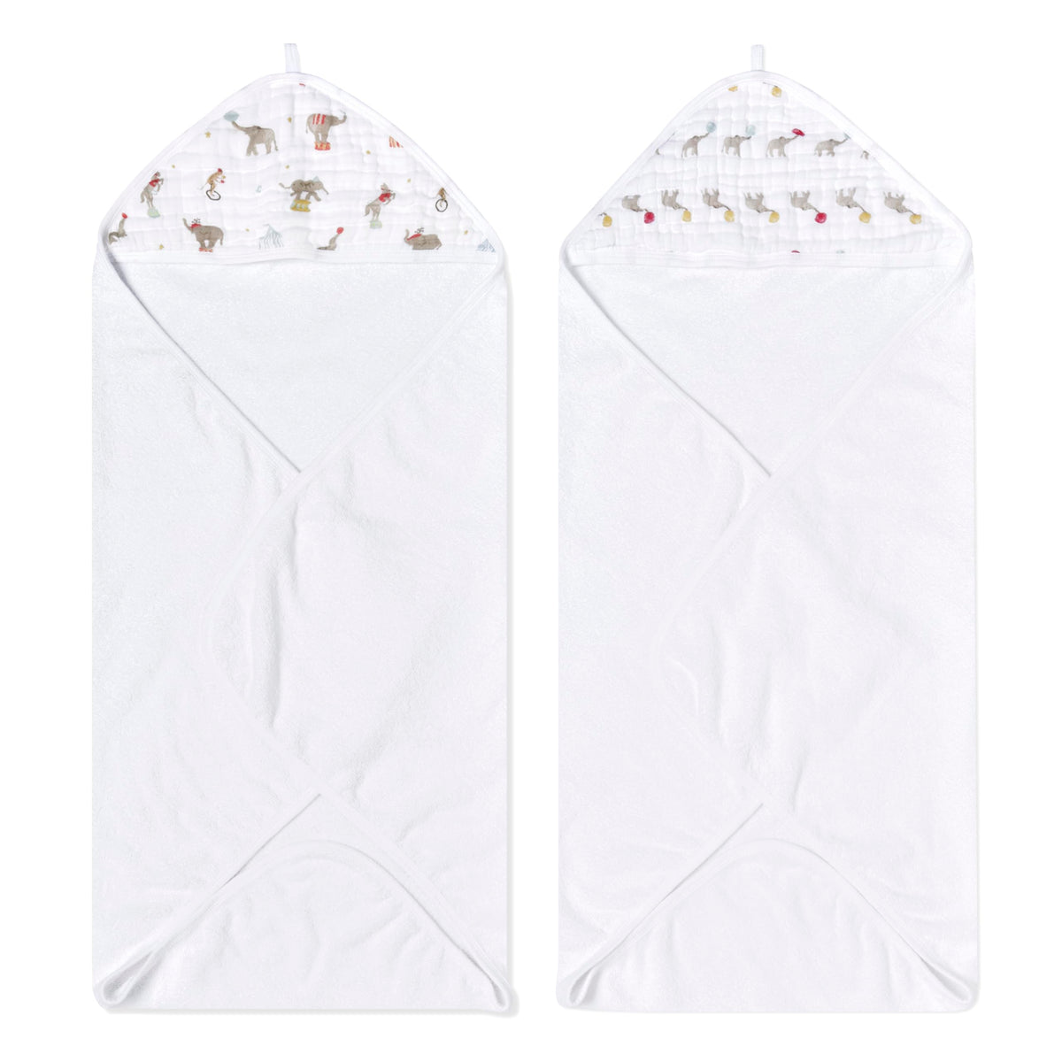 aden + anais Essentials hooded towel Elephant Circus close-up showing plush cotton terry for quick post-bath drying